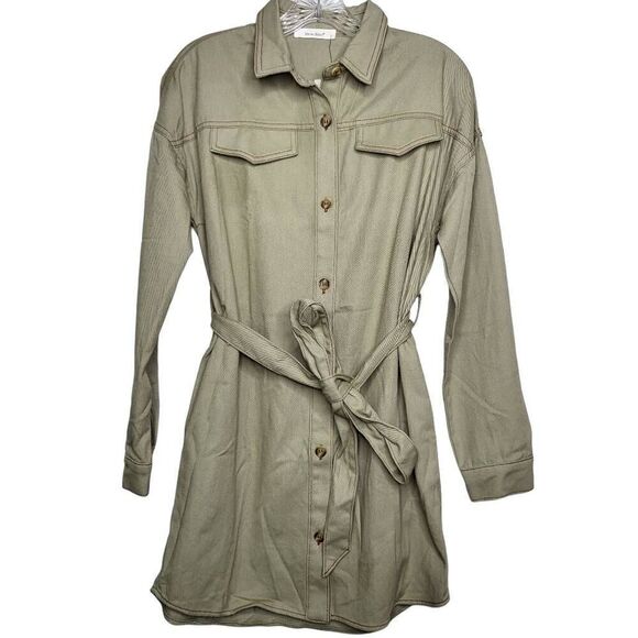 Idem ditto Utility Button Front Belted Mini Shirt Dress in Sage Size Small - Picture 2 of 10